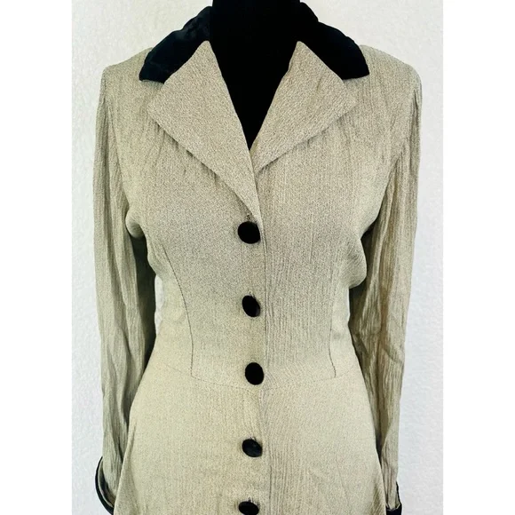 (VTG) CITY TRIANGLES • Sand/Brown Velvet Trim Button Long Sleeve Mini Dress, 7 - Picture 3 of 16